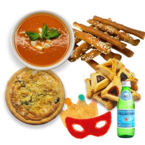 Purim - Individual Quiche, Homemade Soup, Homemade Bread Sticks, Assorted Hamentashen, Mask and Crown Sugar Cookie, Bottle of Pellegrino-Presented as a gift tower