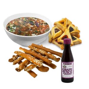 Purim - Homemade Soup, Homemade Bread Sticks, Assorted Hamentashen, Bottle of Grape Juice-Presented in a gift bag (P)